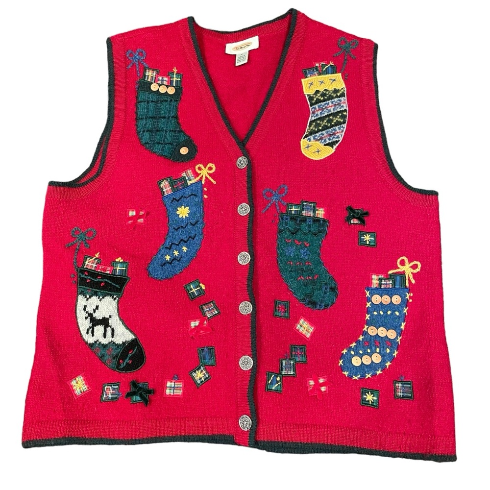 Vintage Talbots Wool Holiday Sweater Vest size M Red Stockings Gifts Festive